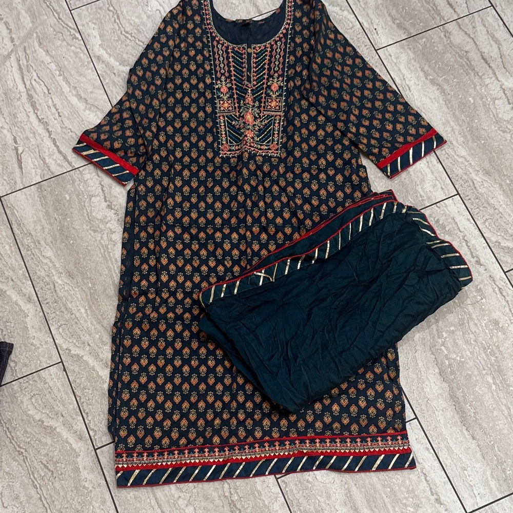 Embroidered Black and Red Kurta Set